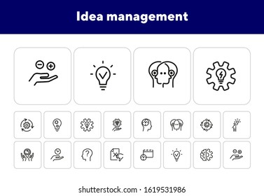 Idea management line icon set. Set of line icons on white background. Research concept. Idea, brain, person. Vector illustration can be used for topics like business, research, investment