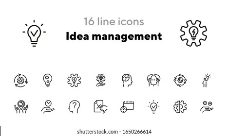 Idea management line icon set. Set of line icons on white background. Research concept. Idea, brain, person. Vector illustration can be used for topics like business, research, investment