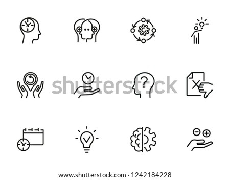 Idea management line icon set. Set of line icons on white background. Research concept. Idea, brain, person. Vector illustration can be used for topics like business, research, investment
