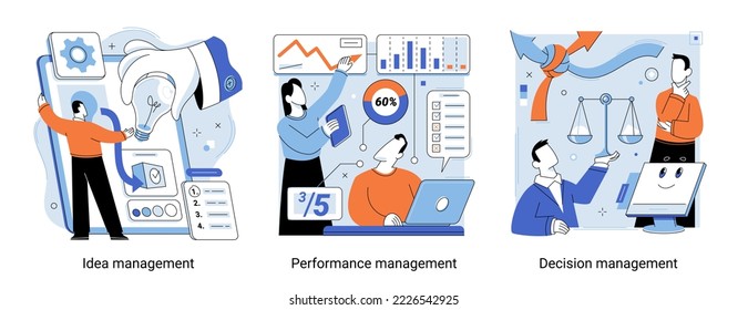 Idea management, performance operation. Grow new idea, project management, decision making, alternative thinking, find solution, product development stage, brainstorming process abstract metaphor set