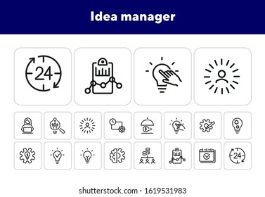 Idea manager line icon set. Shining lightbulb, gear, bulb. Business concept. Can be used for topics like new project, startup, leader, innovation