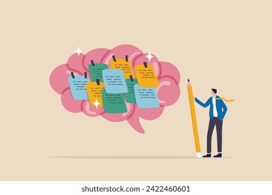Idea memo, brainstorm or scrum sticky notes, productive plan, memory or task reminder, mind map for work arrangement, thought and wisdom concept, businessman write sticky notes on human brain.