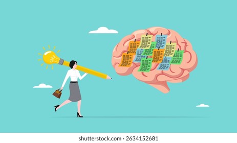 idea memory, reminder of productive plans or new business strategy, thinking skills to form good work habits, remembering or studying work plans, businesswoman write sticky notes on human brain