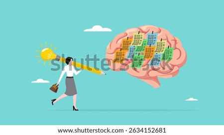 idea memory, reminder of productive plans or new business strategy, thinking skills to form good work habits, remembering or studying work plans, businesswoman write sticky notes on human brain