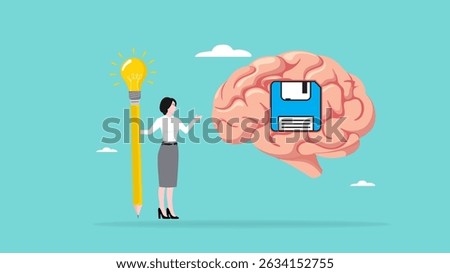 idea memory, reminder of productive plans or new business strategy, thinking skills to form good work habits, remembering or studying work plans, businesswoman store work plan data in the human brain