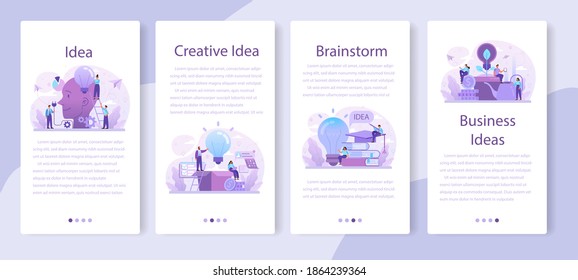 Idea mobile application banner set. Creative innovation and brainstorm. Solution generation and inspiration. Light bulb as metaphor. Isolated flat vector illustration