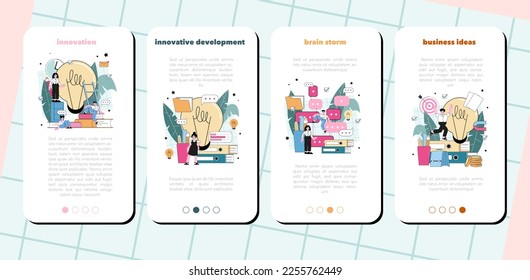 Idea Mobile Application Banner Set. Kreative Innovationen oder die Entwicklung von Lösungen. Nachdenklichkeit und Fantasie in einem Brainstorm. Glühbirne als Metapher. Flache Vektorgrafik