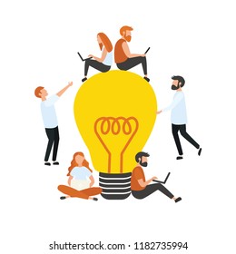 Idea. Modern flat design concept  with cute young woman and man at work. Office workers. Lamp