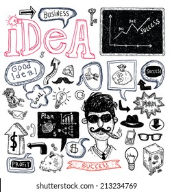 Idea, Money and business icons set, hand drawn.