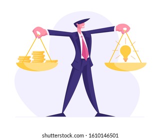 Idea is Money Concept. Businessman Holding Scales with Glowing Light Bulb and Golden Coins Stack on Scalepans. Balance on Libra, Business Model Funding Project. Cartoon Flat Vector Illustration