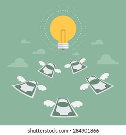 Idea. Money flying to light bulb. Flat design business concept illustration.