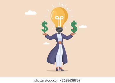 Idea to Money: Uma lâmpada encabeçada por uma figura que equilibra os sinais de dólar, representando a monetização das ideias.