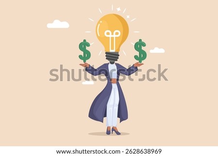 Idea to Money: A Light Bulb Headed Figure Balancing Dollar Signs, Representing the Monetization of Ideas.