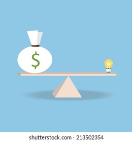 Idea and money on the scale flat design vector illustration.