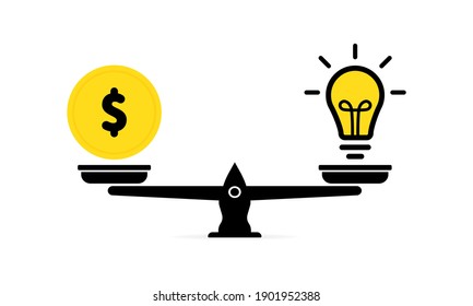 Idea y dinero en el icono de escala. Idea y dinero apilado de balance en libra. La idea es el concepto del dinero.