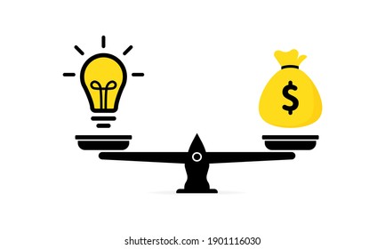 Idea And Money On The Scale. Idea And Money Stack Balance On Libra. Idea Is Money Concept.