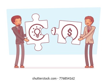 Idea and money puzzle. Young businessman and investor with capital, trying to match parts of plan and investment, financing a business creation. Vector business concept line art illustration