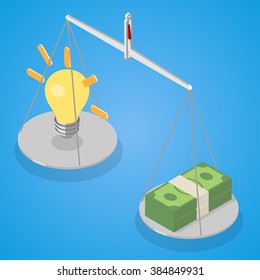 Idea And Money Stack Balance On Libra. Idea Is Money Concept. Isometric Vector Illustration