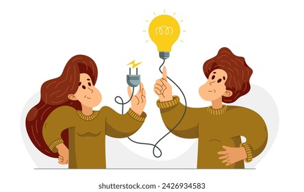 Idea needs resources to be realized embodied in life, vector illustration of a young woman and man with a light bulb and plug for electrify it.