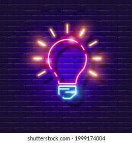 Idea neon sign. Light bulb glowing icon. Vector illustration for design. Brainstorming concept.