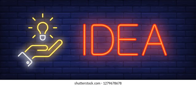 Idea neon text with light bulb in hand. Idea and innovation concept design. Night bright neon sign, colorful billboard, light banner. Vector illustration in neon style.