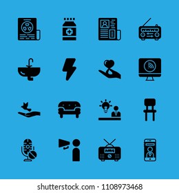idea, newspaper, television, sink, sofa, promoting, chair, hand holding a heart and smartphone vector icon. Simple icons set