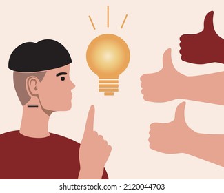 The idea of ​​a non-binary persona, people like it. Flat vector stock illustration. Hand with thumbs up. Incandescent lamp as creativity. Smart person innovator