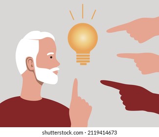 The idea of ​​the old person, the reaction of society. Flat vector stock illustration. People's hand with index finger. Incandescent lamp as creativity. Elderly Innovator