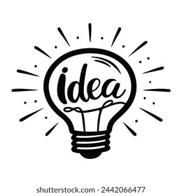 idea en la bombilla de luz ilustración vectorial de dibujo a mano en blanco y negro