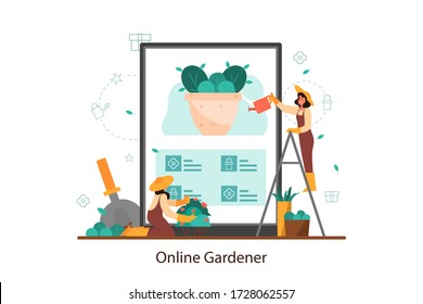 Idea of online gardening and horticultural designer service. Woman watering flower in the pot. Female character planting trees and bush. Isolated flat illustration vector