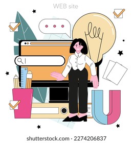 Idea online service or platform. Creative innovations or solutions generation. Thoughtfulness and imagination in a brainstorm. Website. Flat vector illustration