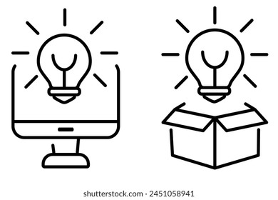 Idea of online start up outline thin vector symbol. Lamp takes off from computer and box icon.