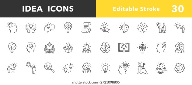 Ideia do conjunto de ícones da estrutura de tópicos. Ideia criativa, brainstorming, solução, pensamento e ícones de inovação. Ícone de linha de debate. Traçado editável. Lâmpada com símbolo cerebral. Ilustração vetorial