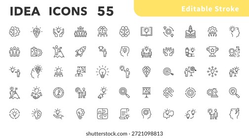 Conjunto de iconos de esquema de idea. Iconos de ideas creativas, lluvia de ideas, soluciones, pensamiento e innovación. Icono de línea de lluvia de ideas. Trazo editable. Bombilla con símbolo cerebral. Ilustración vectorial