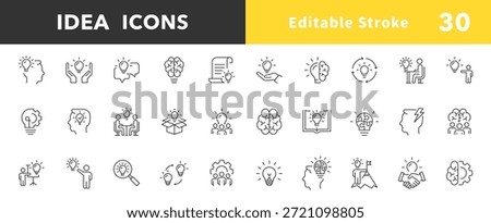 Idea outline icon set. Creative idea, brainstorming, solution, thinking and innovation icons. Brainstorm line icon. Editable stroke. Lightbulb with brain symbol. Vector illustration