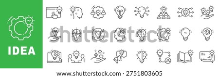 Idea outline icon set featuring innovation, creativity, brainstorming, smart solution, collaboration and technology concept symbols editable stroke line design
