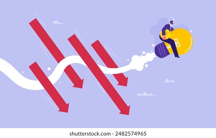 Idea for overcome difficulty in economic crisis concept, business survival during recession, adaptation of company to cope with situation, businessman riding light bulb rocket to avoid down arrows