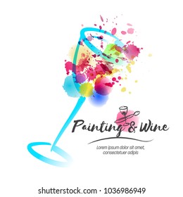 Idea for painting and wine event promotion. Illustration of wine glass and colorful spots. Art and wine. Hand drawn icons of brush and cup. Vector watercolor paint and stains.