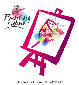 idea for painting and wine social event. Illustration of cup with stains of watercolor and paint colors. Illustration framed in cloth and easel. Brush and cup icons.