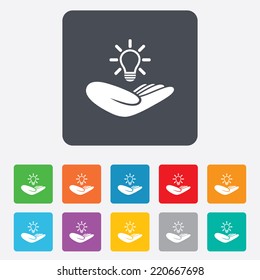 Idea patent insurance sign. Hand holds lamp bulb symbol. Intellectual Property. Rounded squares 11 buttons. Vector