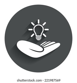 Idea patent insurance sign. Hand holds lamp bulb symbol. Intellectual Property. Circle flat button with shadow. Modern UI website navigation. Vector