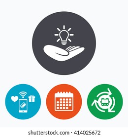 Idea patent insurance sign. Hand holds lamp bulb symbol. Intellectual Property. Mobile payments, calendar and wifi icons. Bus shuttle.