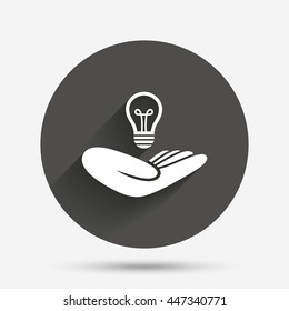 Idea patent insurance sign. Hand holds lamp bulb symbol. Intellectual Property. Circle flat button with shadow. Vector