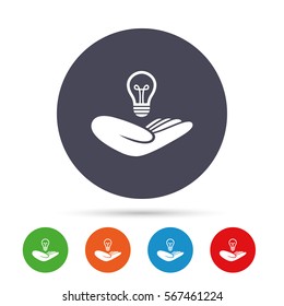 Idea patent insurance sign. Hand holds lamp bulb symbol. Intellectual Property. Round colourful buttons with flat icons. Vector