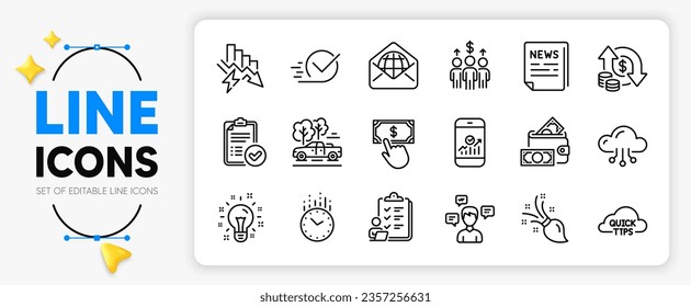 Idea, Payment click and Money wallet line icons set for app include Smartphone statistics, Time, Cloud computing outline thin icon. Checklist, Saving electricity, Pickup pictogram icon. Vector