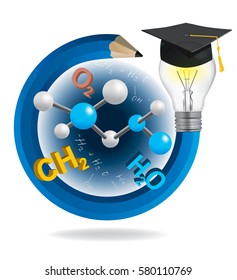 Idea pencil with Graduation cap and chemistry symbols.
Illustration of blue twisted pencil with a light bulb,Graduation hat cap and chemistry  symbols. Vector available