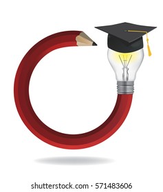 Idea pencil with Graduation cap.
Illustration of red twisted pencil with a light bulb and Graduation hat cap. Vector available.