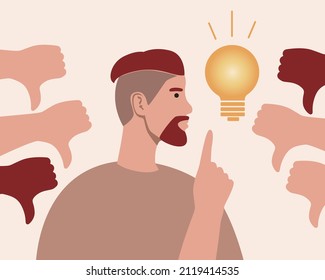 The idea of ​​a person, the condemnation of society. Flat vector stock illustration. Hand with thumb down. Incandescent lamp as creativity. Disapproval of the innovator