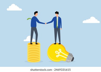 Idea pitching, businessman standing with light bulb idea, shaking hands with VC on stack of coins.