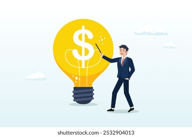 Idea pitching, startup idea or entrepreneurship funding, venture capital meeting, business idea to make money presentation, investment discussion concept, businessman present money idea lightbulb